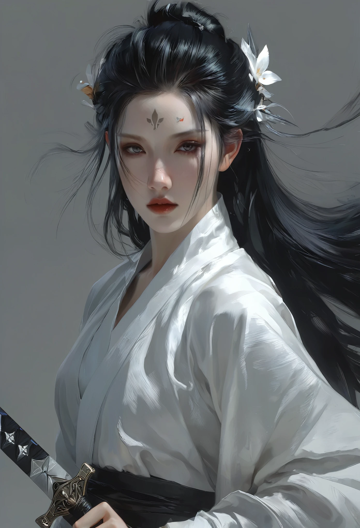 A woman with black hair and white skin, artwork in the style of Gu Weiss, Gu Weiss, the style of WLOP, ross tran and WLOP, Inspired by WLOP, Eve Ventro, in style of WLOP, WLOP and ross tran, Pan Chengwei on artstation, best on WLOP, WLOP |，A long sword hangs from his waist