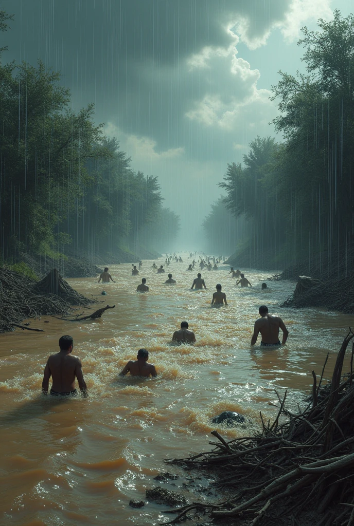Muddy River Flooded disaster where animals and humans are suffering in it with rain