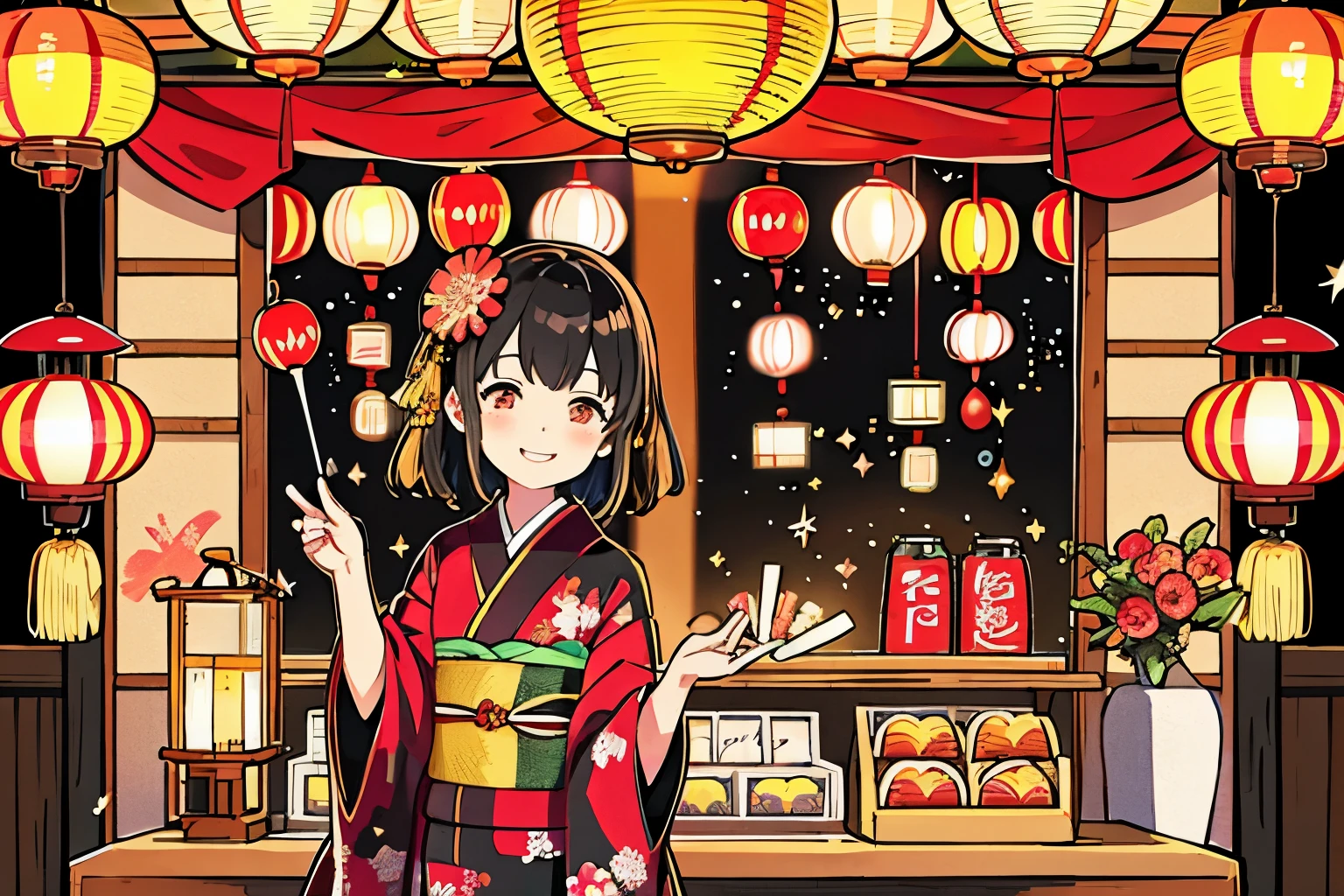 kimono、Festivals、Fireworks display、stall、smile、fun、night、Lantern
