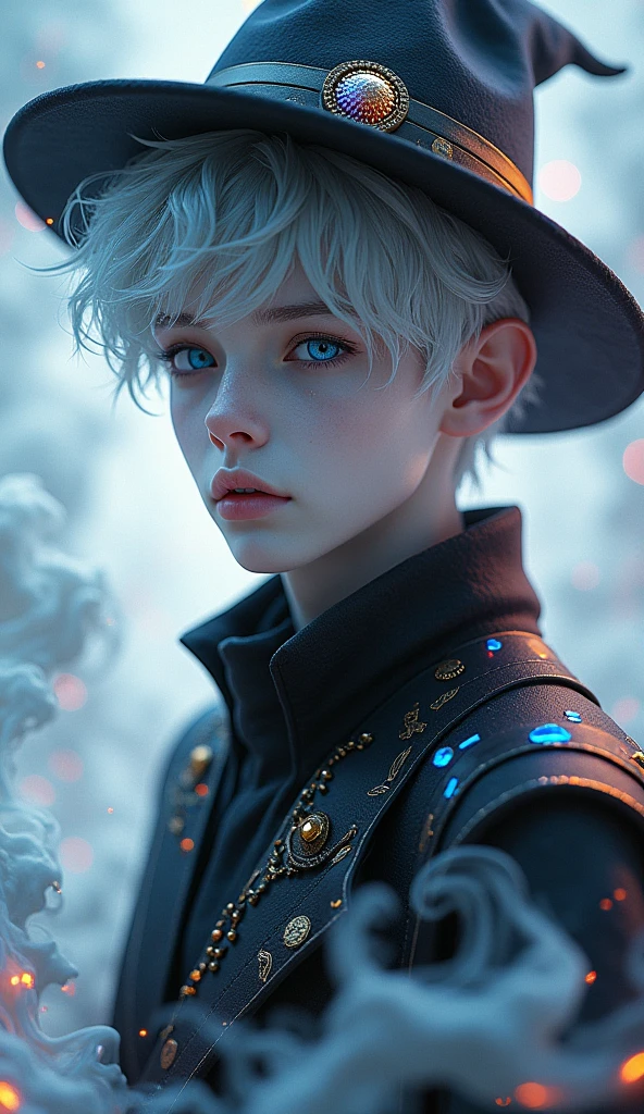 Create a 3D illustration of a 25 year old boy pure devine White skin, wearing a Black jacket and hat with glowing color, detailed hat, smoke artistically forming a frame edit Photoshop Computer named, style, detailed face, focus on face, 8K
