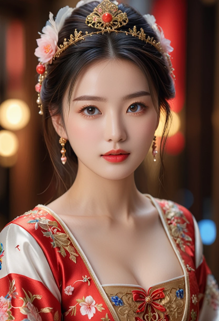 Japanese、a beautiful young woman, detailed eyes, elegant lips, luscious eyelashes, exquisite skin with realistic sheen and lighting, perfect anatomical features, elaborately decorated outfit, detailed romantic background, 1girl, shallow depth of field, best quality, 4K, 8k, highres, masterpiece, ultra-detailed, realistic, photorealistic, photo-realistic, HDR, uhd, studio lighting, ultra-fine painting, sharp focus, physically-based rendering, extreme detail description, professional, vivid colors, bokeh