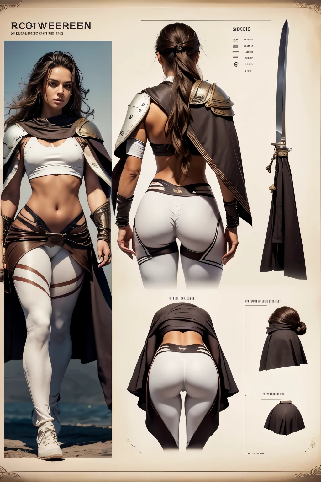 Detailed character sheet, Front view, Side view, Oblique view, with a white returnground, show women, 30 years old, with short dark brown hair combed return, 1 female warrior, Wavy Cape, long flowing hair, Swordsman Style, Light Armor, (Earth-toned long leggings), Slim figure, Toned thighs, Tight round ass, Low angle shot, From below, The seat includes different angles, Front desk etc.., return, and Side views, Model and Reference Sheets, Full body painting. The ratio is based on 7.5 Head Scale.