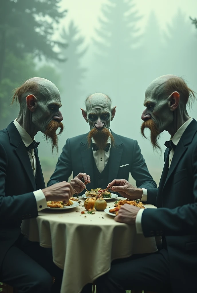 Best image quality, masterpiece, several men with strange appearance, with mustaches, with long hair, with very long necks, wearing old-fashioned suits, classic outdoor garden party background, sitting around eating food, rough skin, deep wrinkles, detailed skin expression, gray skin (bleached skin), thin men, detailed image texture, eerie, horror, eerie atmosphere (not AI image), cloudy, foggy