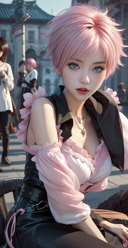 masterpiece, top-quality, ((1womanl)), Adults, different color, finely eye and detailed face, intricate detailes, Casual black and white attire((Sexy clothes)), window, A smile, Happiness, tenderness, high-level image quality、 selfee, Beautuful Women、tall、a small face, D-cups, The upper part of the body、nightfall, nighttime scene、𝓡𝓸𝓶𝓪𝓷𝓽𝓲𝓬、Korea person, Idol Photos, Model photo, k pop, Professional Photos, Vampires, Korean fashion in black and white, Fedoman with necklace, inspired by Sim Sa-jeong, androgynous vampire, :9 detailed face: 8, extra detailed face, detailed punk hair, ((eyes are brown)) baggy eyes, Seductive. Highly detailed, semi realistic anime, Vampires, hyperrealistic , Delicate androgynous princess, imvu, ((short hair woman)), Pink hair woman with wild look, Sexy look, ((Woman with short pink hair)), ((1 persons)), Sit down and sexy pose,