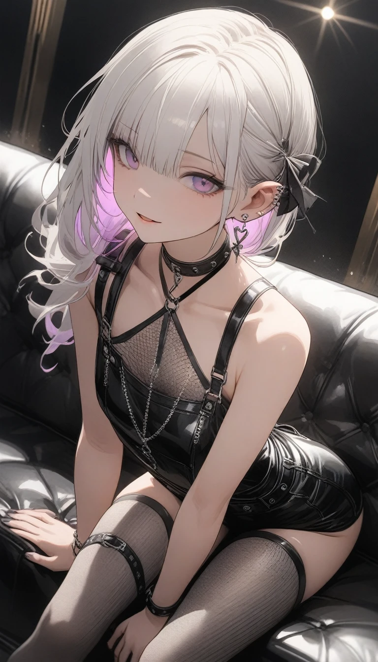 , ((She has silver earrings in her ears... Black choker、Sexy punk fashion with a black base、Too much exposure))、(white hair color、Light purple inner color hairstyle、Hair expressed with a delicate touch), Beautiful Hair, Facial Contour, Remember, Luxury Lounge、Sitting on the couch, splash, Lens flare、moonlight、illumination、Natural Color, High resolution, Very delicate, Very detailed, 8k,Shyness,((Sexual)),((Sexy feeling)),lower angle、Overall angle of view, rtrophto1, (Perfect hands, Perfect Anatomy),15D black stockings,Body net