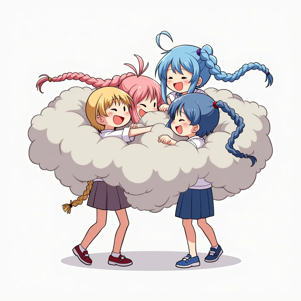 An anime-style illustration depicting three braided girls playfully wrestling with each other inside a light gray comical fight cloud (dust cloud).
each girl has different colored hair: one with blonde long braided,another with pink braided side tailes,and one with blue braided pig tailes.
their faces,hands,and feet are visible emerging from the cloud as they tussle humorously, with the rest of their bodies completely hidden inside the cloud.
the illustration emphasizes the humorous and energetic nature of their scuffle,with a fluffy andexaggerated fight cloud.