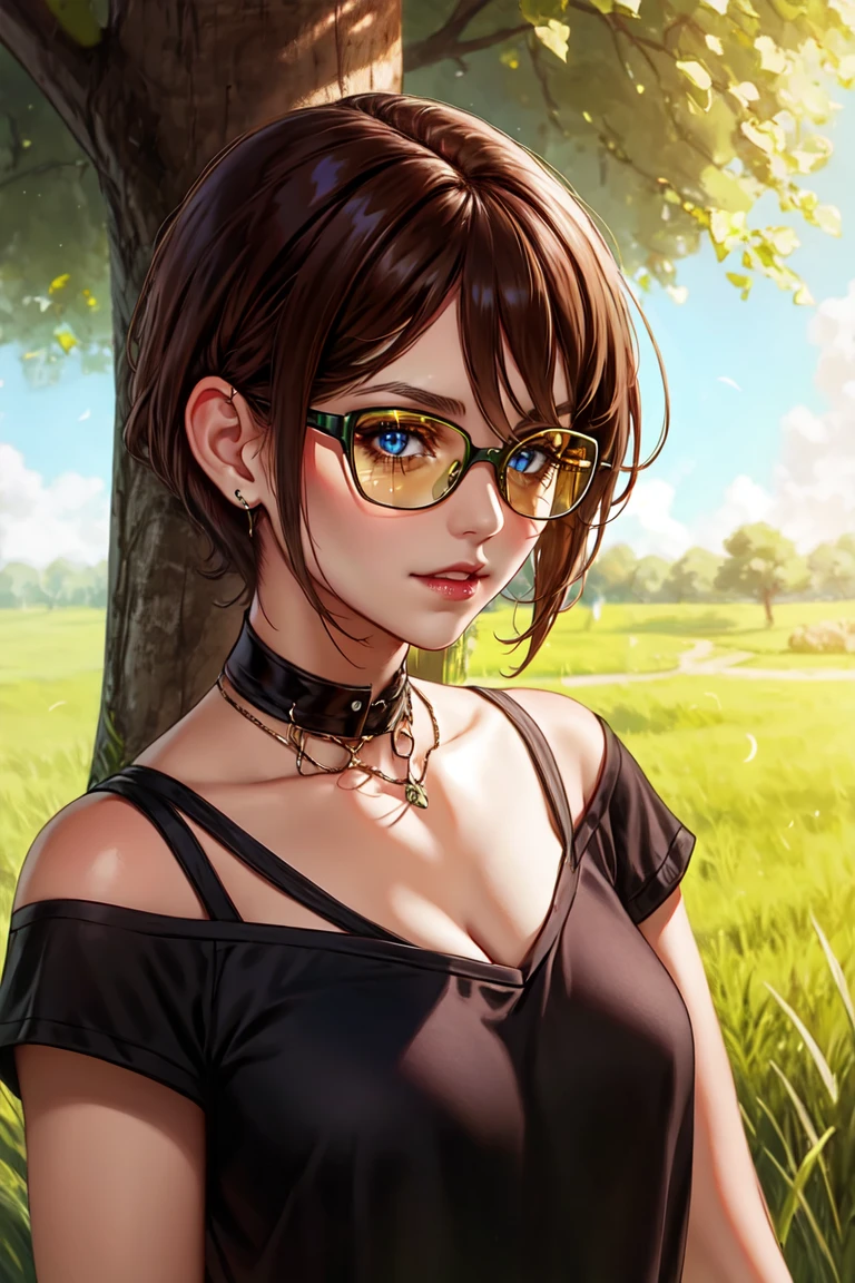 wearing glasses、Punk girl in dark shirt, Blurred green grass and trees in background, Brown short hair, Delicate face, high quality, high resolution