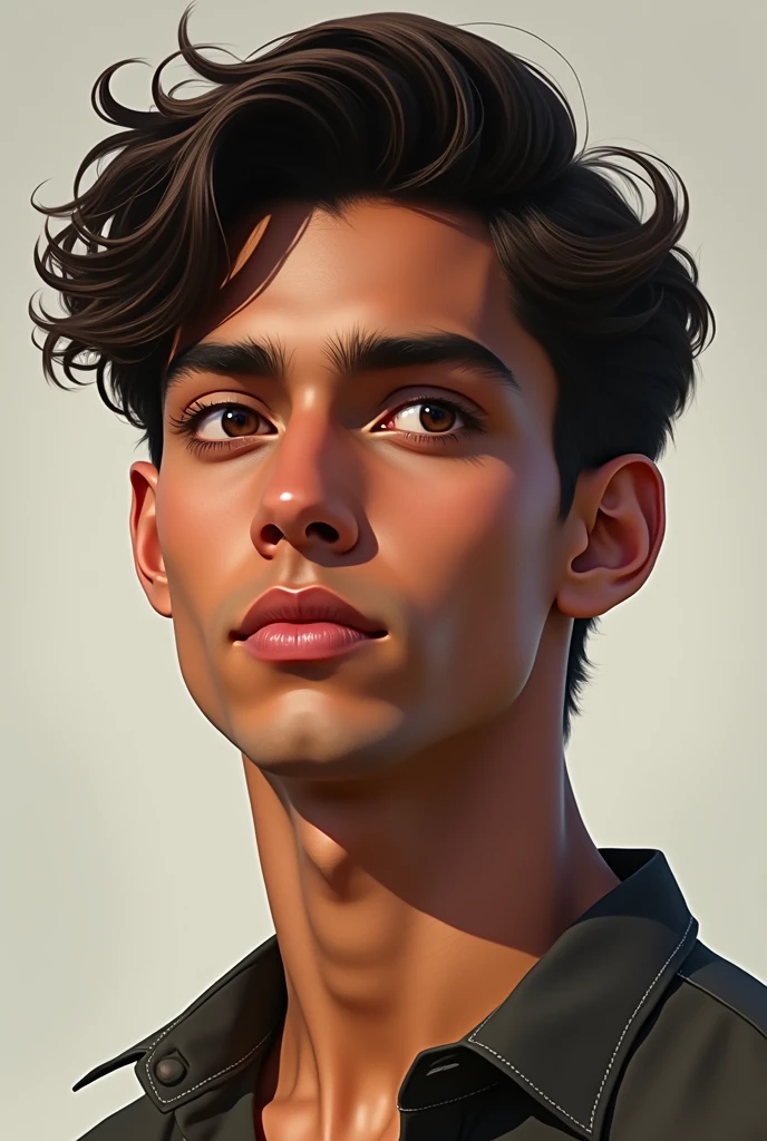 A 19 year indian boy with fair skin tone 5 feet 11 inches with sharp jawline but a bit of a symmetrical long and masculine nose and a bit flared ears