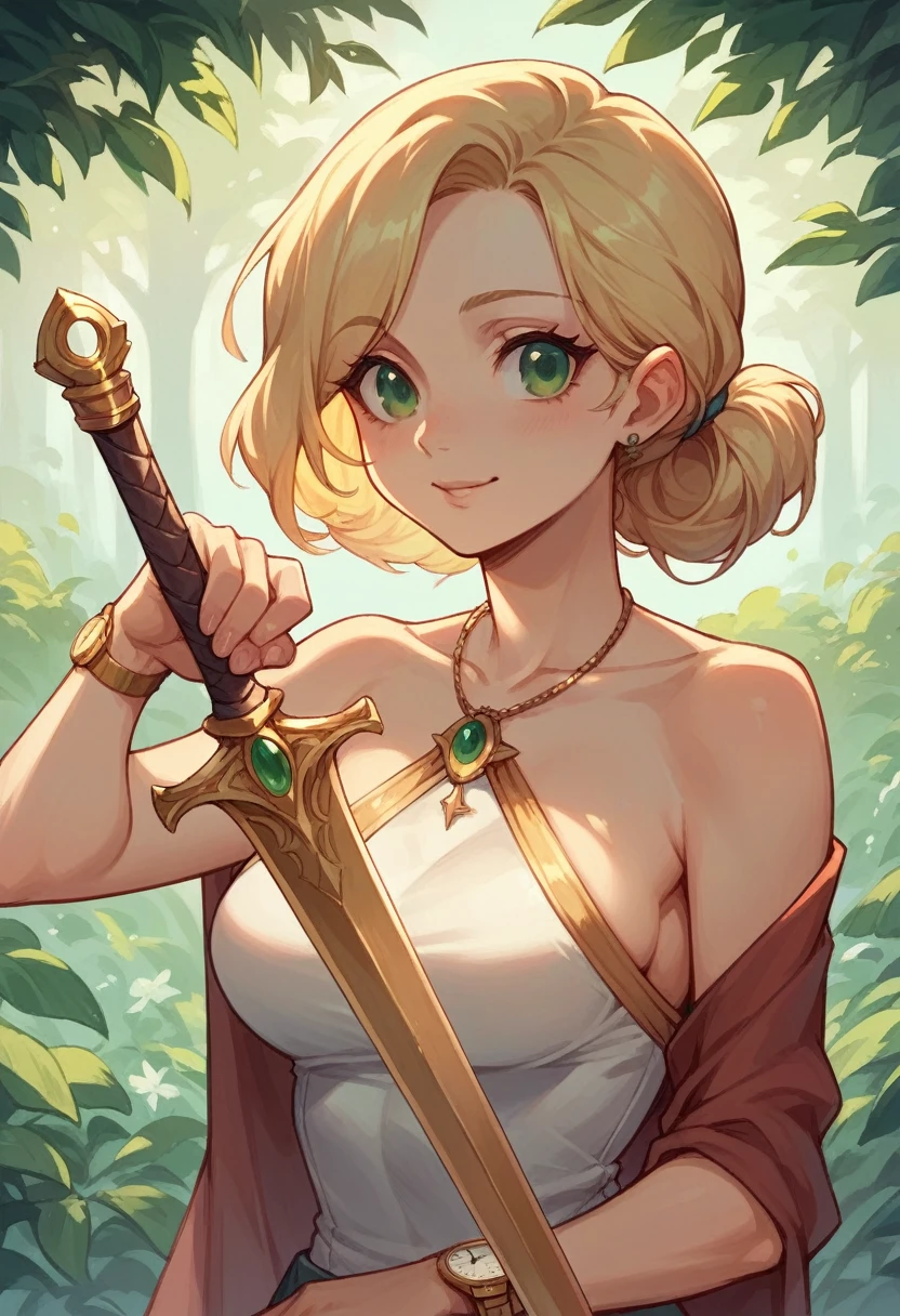 Beautiful girl, cute little, breasts, blonde, green eyes, next to her is a griffin in her left hand, a golden sword, in her right watch