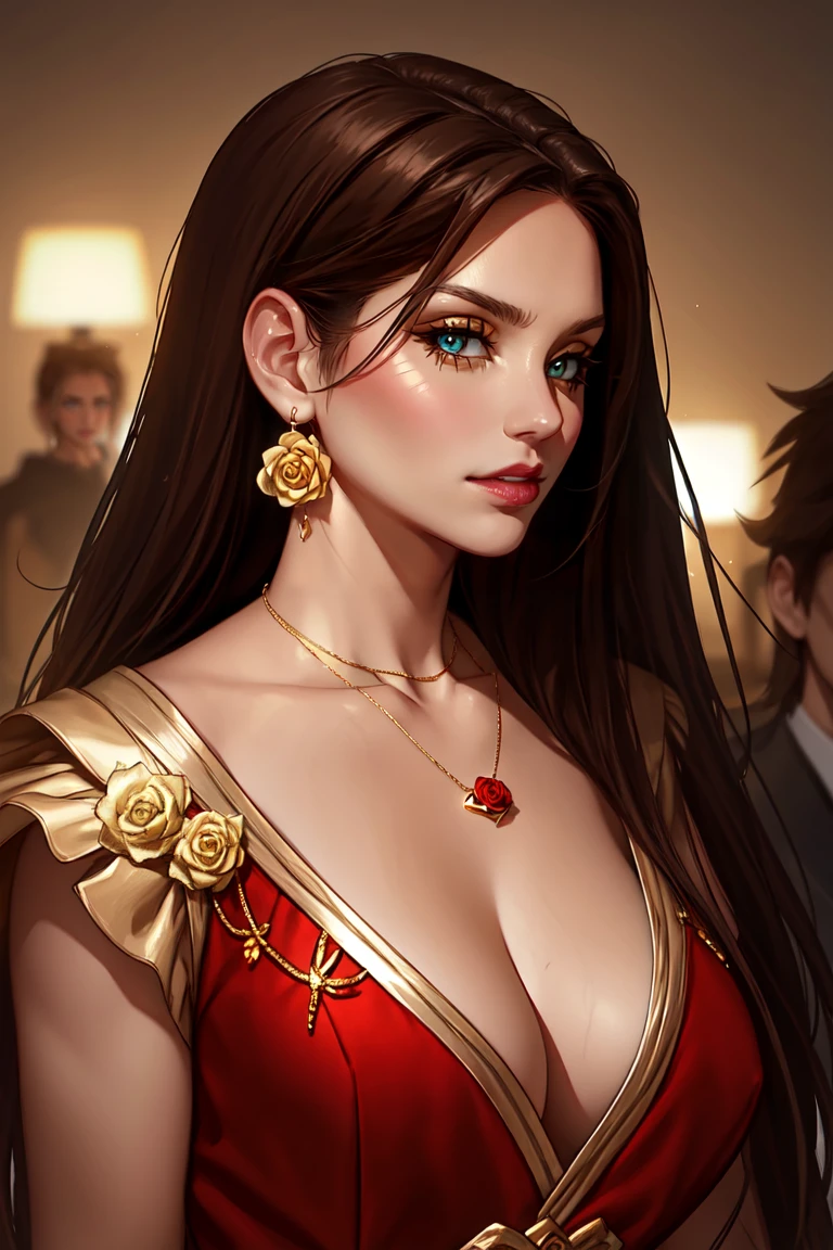 (Extremely detailed CG unit 8k wallpaper, masterpiece, best quality, Extremely detailed), (Optimal lighting, Best shadow), 45-year-old Spanish woman, Mature, Square face, Necklace with a red rose on the neck, Wearing a black lace dress with red, Gold earrings, like maria padilla (maria padilla) Such characteristics, (Highly refined skin: 1.2), Medium brown with light emitted