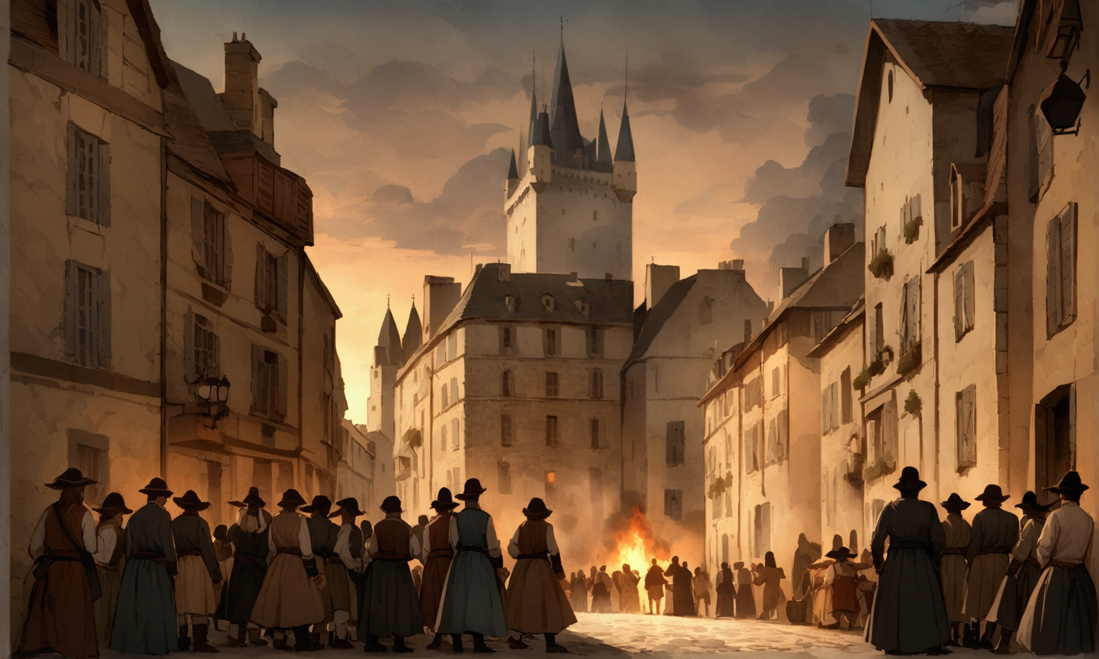 This photo is from France in the 18th century,Overlooking a crowded city street, The Bastille was captured and the castle prison was on fire