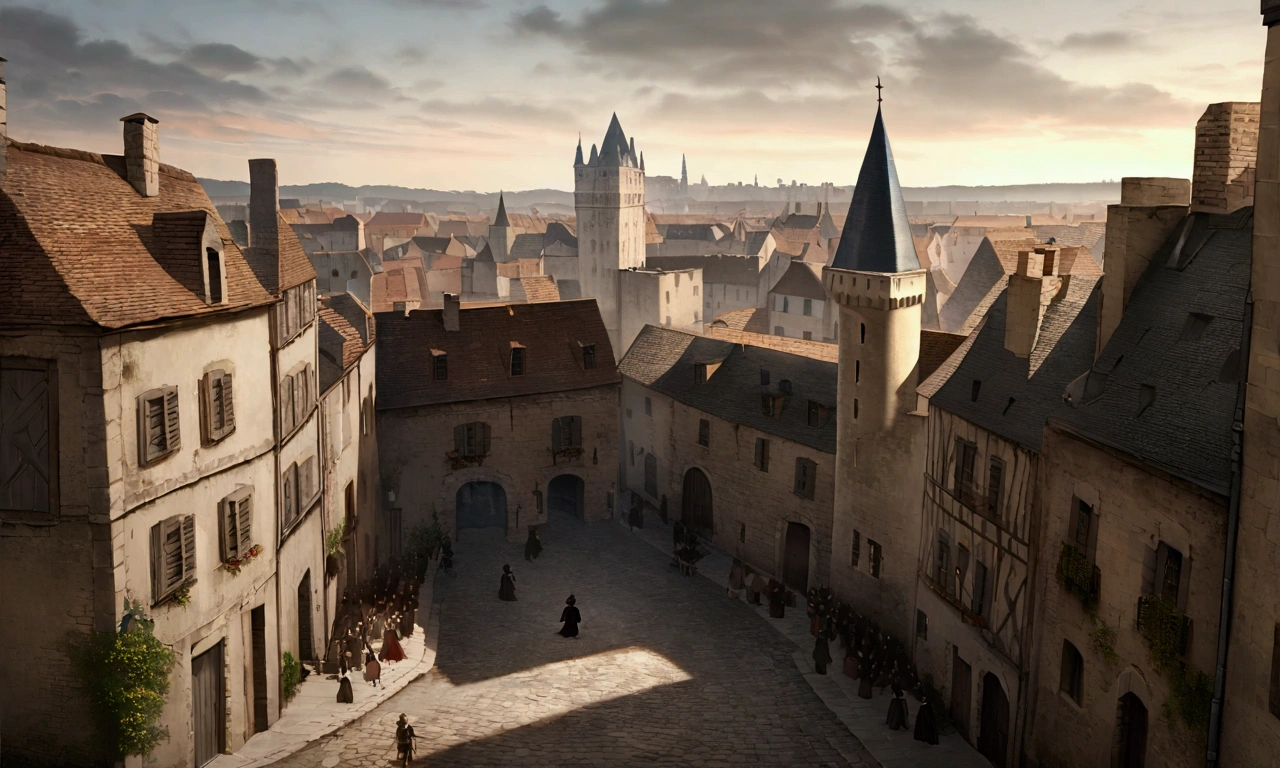 This photo is from France in the 18th century，Overlooking a crowded city street, The Bastille was captured and the castle prison was on fire