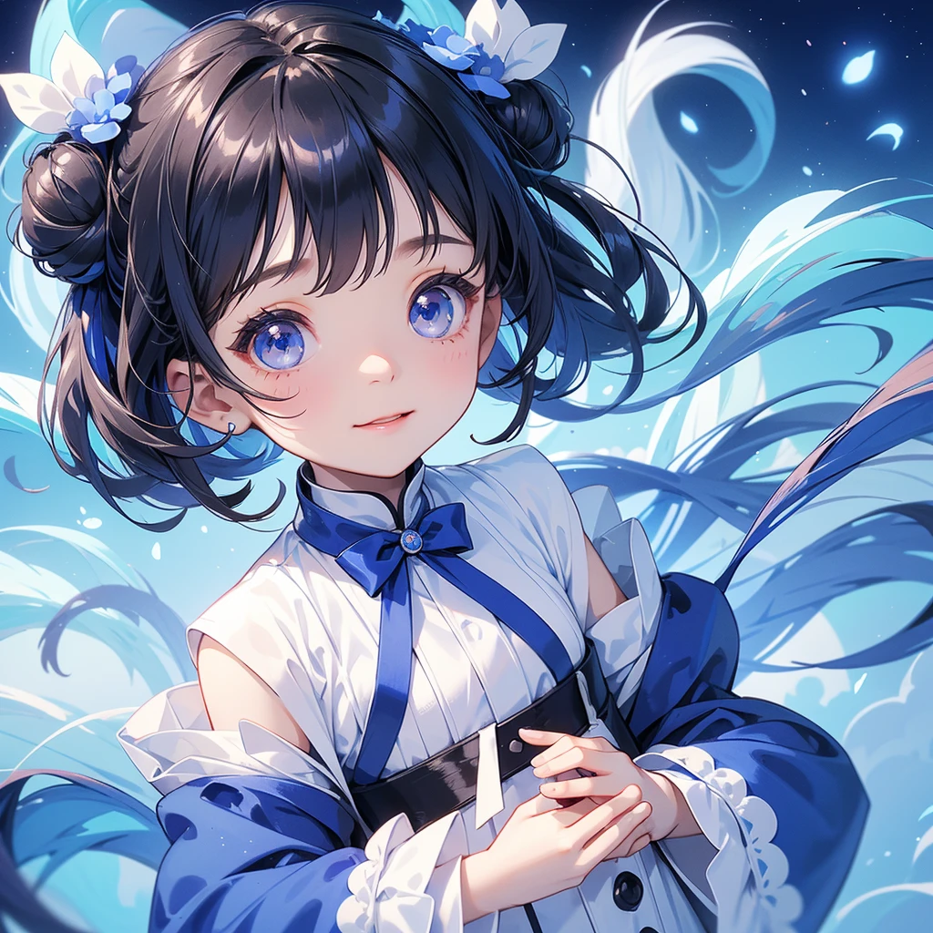 A chibi child girl had a small face and Wearing white little Taoist priest's outfit. A pair of big round eyes shone with curiosity about him. This child was so cute, Strolling among the nemophila fields Glowing blue.
her hair is black with two buns on her hair.small chibi, chibi baby, smiling ,Chibi.