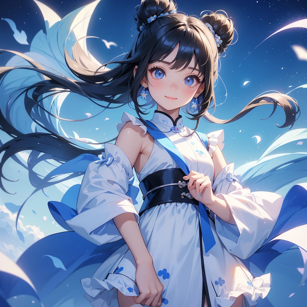 A chibi child girl had a small face and Wearing white little Taoist priest's outfit. A pair of big round eyes shone with curiosity about him. This child was so cute, Strolling among the nemophila fields Glowing blue.
her hair is black with two buns on her hair.small chibi, chibi baby, smiling ,Chibi.