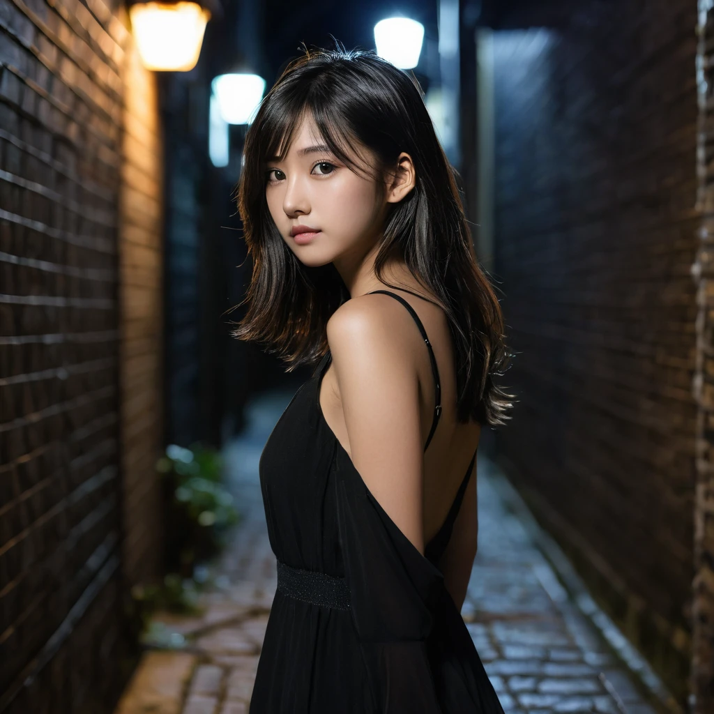 Yui, photo of female, age 15 year, black shoulder length hair with brown highlights; (dslr, ultra quality, film grain, Fujifilm XT3, crystal clear, 8K UHD, highly detailed glossy eyes, high detailed skin, skin pores); at night, dark alley, distant light, squating, wearing mini tight black dress, side view, very tall heel