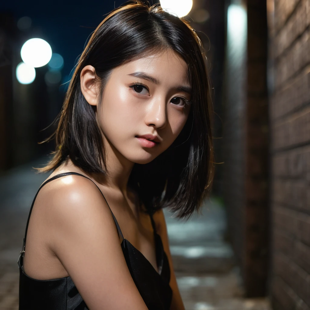 Yui, photo of female, age 15 year, black shoulder length hair with brown highlights; (dslr, ultra quality, film grain, Fujifilm XT3, crystal clear, 8K UHD, highly detailed glossy eyes, high detailed skin, skin pores); at night, dark alley, distant light, squating, wearing mini tight black dress, side view, very tall heel