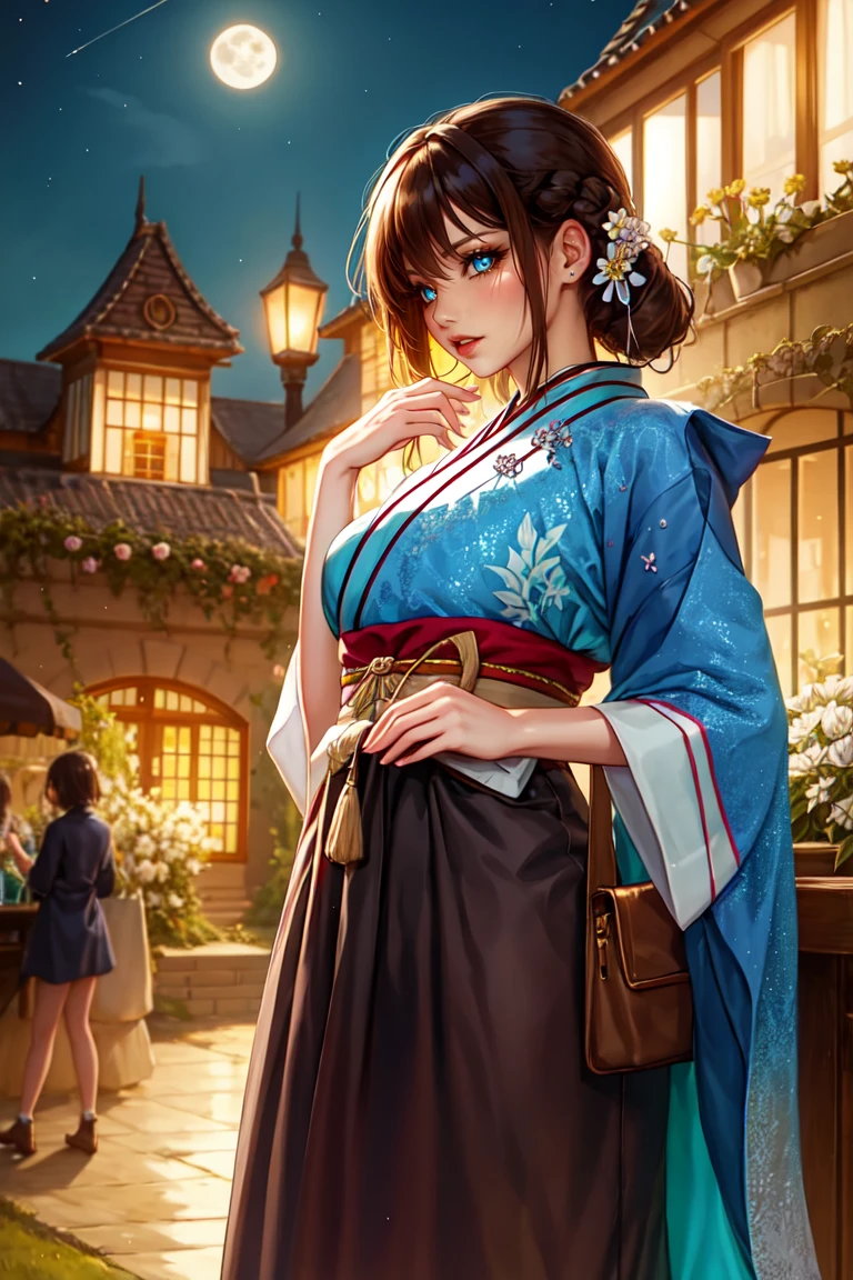 best quality, High target_solve, clearly_image, Detailed background ,girl, Hanbok,flower,flower园,moon, night,