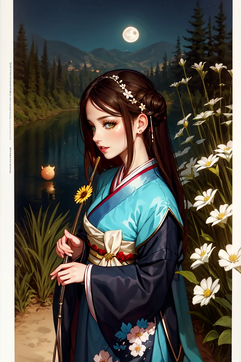 best quality, High target_solve, clearly_image, Detailed background ,girl, Hanbok,flower,flower园,moon, night,
