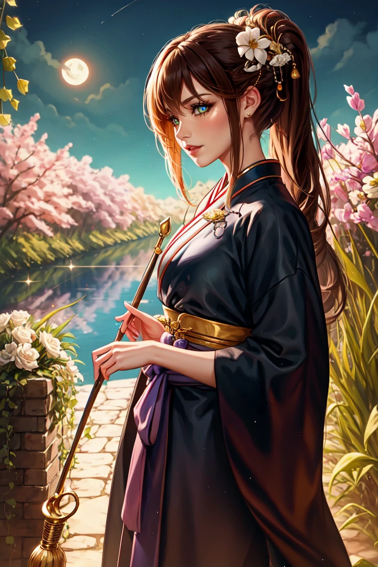 best quality, High target_solve, clearly_image, Detailed background ,girl, Hanbok,flower,flower园,moon, night,