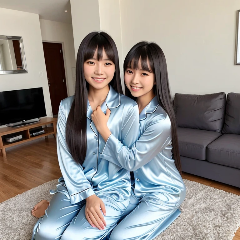 Asian Daughter Hug Asian mother with Silver satin pajamas, Long Hair with Bangs, Friendly, Full Body, Living Room, Smile, full body.