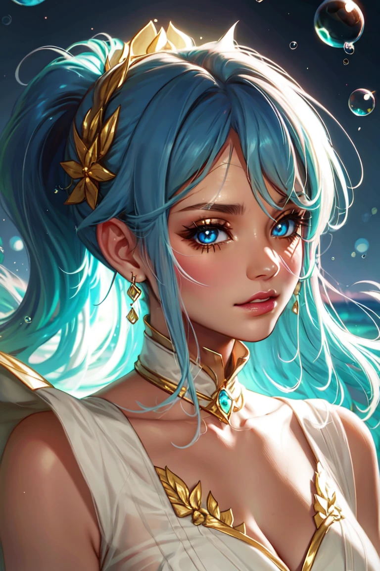 (masterpiece), (best quality), (Extremely detailed),(Messy hair),(illustration), (1 Girl), (Fashion), permanent, fashion model, Looking at the audience, (interview), (Simple background),Beautiful and delicate eyes, Delicate and beautiful face, floating,(High Saturation),(Colorful splash),Colorful bubbles,(shining), Focus on the face,  Ponytail, Kamisato Ayaka, Light blue hair, Bangs, Hair ring, Floating flowers, Floating hair, (shining), Optimal lighting, Best shadow,