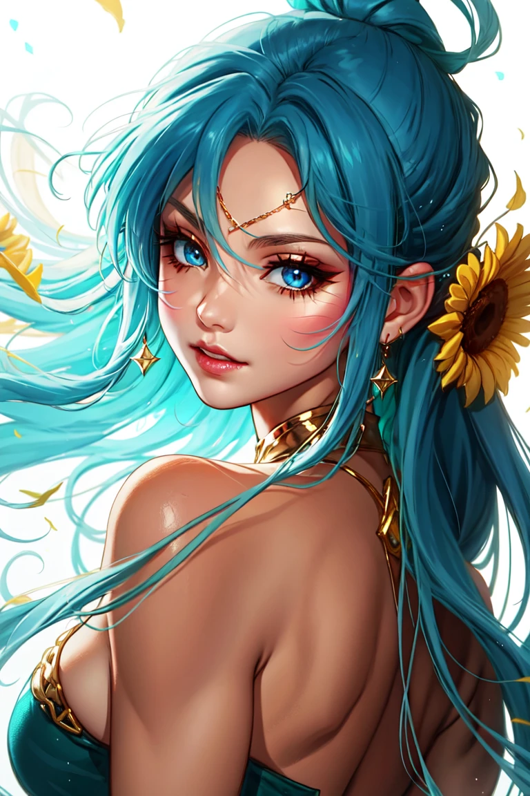 (masterpiece), (best quality), (Extremely detailed),(Messy hair),(illustration), (1 Girl), (Fashion), permanent, fashion model, Looking at the audience, (interview), (Simple background),Beautiful and delicate eyes, Delicate and beautiful face, floating,(High Saturation),(Colorful splash),Colorful bubbles,(shining), Focus on the face,  Ponytail, Kamisato Ayaka, Light blue hair, Bangs, Hair ring, Floating flowers, Floating hair, (shining), Optimal lighting, Best shadow,