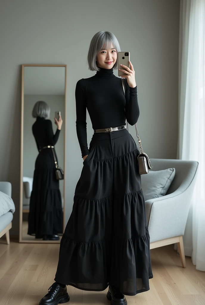 highly detailed, beautiful, hyper Realistic girl, masterpiece, best quality, Japanese sexy gravure woman, 28 years old, identity hidden, takes a selfie in her room using a smartphone in front of a mirror with one hand, fashion model Posing, looking away from the camera, /// gray short hair, light color eyes, Realistic skin, Detailed face, /// black-themed, futuristic-inspired fall outfit, black asymmetrical collared long shirt with a sleek, form-fitting turtleneck in a soft gray fabric. Combine this with high-waisted black layered maxi skirt made from a modern silhouette, Footwear should include black, futuristic sneakers with Thick soles. Accessories might involve a slim, metallic belt and a minimalist silver crossbody bag. The overall look should blend modern functionality with futuristic elements, offering a fresh, forward-thinking take on autumn fashion, /// Monotone simple modern taste single room, mirror, complicated background