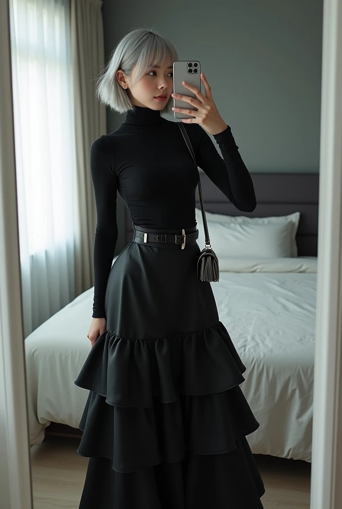 highly detailed, beautiful, hyper Realistic girl, masterpiece, best quality, Japanese sexy gravure woman, 28 years old, identity hidden, takes a selfie in her room using a smartphone in front of a mirror with one hand, fashion model Posing, looking away from the camera, /// gray short hair, light color eyes, Realistic skin, Detailed face, /// black-themed, futuristic-inspired fall outfit, black asymmetrical collared long shirt with a sleek, form-fitting turtleneck in a soft gray fabric. Combine this with high-waisted black layered maxi skirt made from a modern silhouette, Footwear should include black, futuristic sneakers with Thick soles. Accessories might involve a slim, metallic belt and a minimalist silver crossbody bag. The overall look should blend modern functionality with futuristic elements, offering a fresh, forward-thinking take on autumn fashion, /// Monotone simple modern taste single room, mirror, complicated background