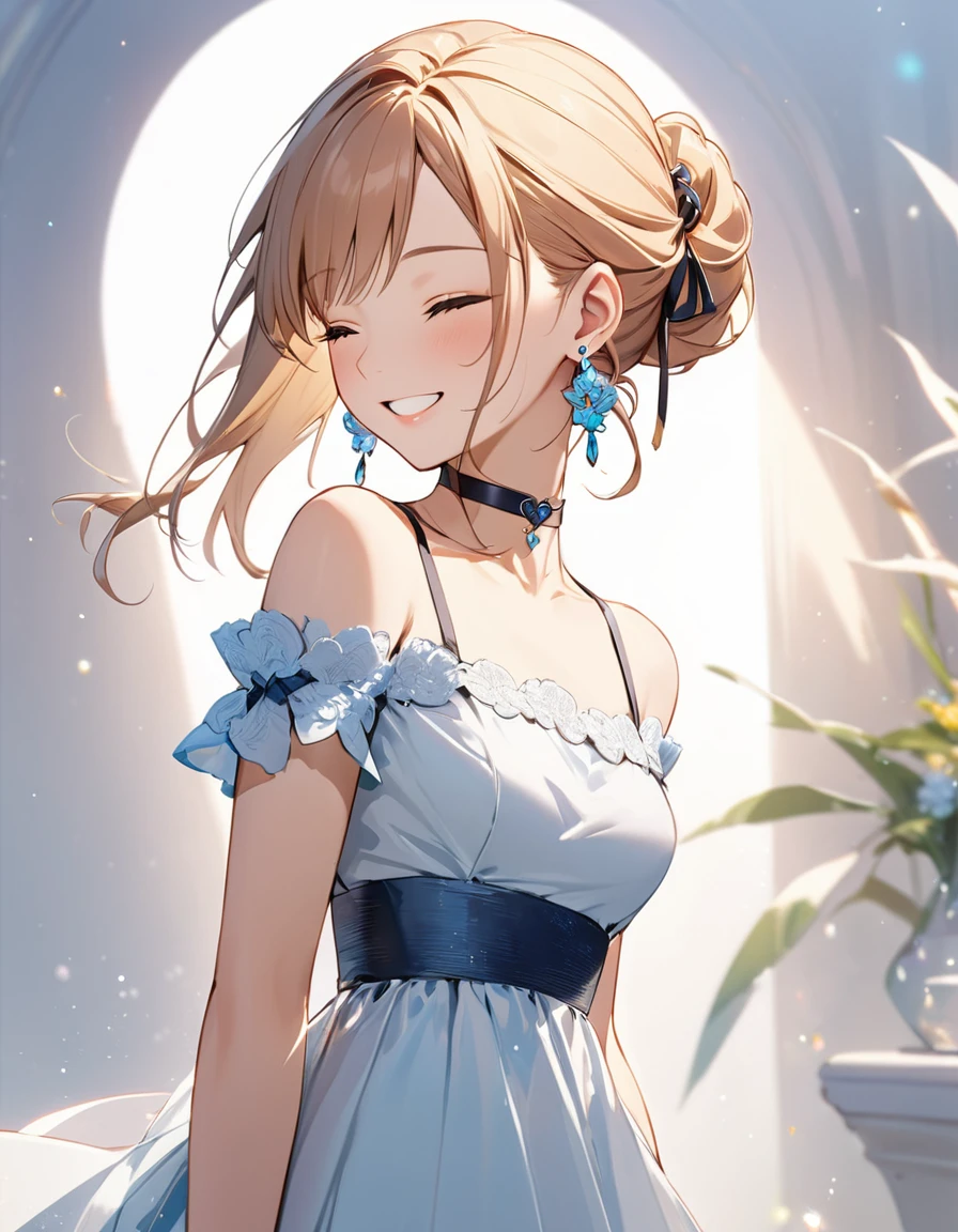 best quality, beautiful, hair tie, 8K, very happy face, close eyes, side body, head tilt look view, slim, dress, earrings, choker, concept