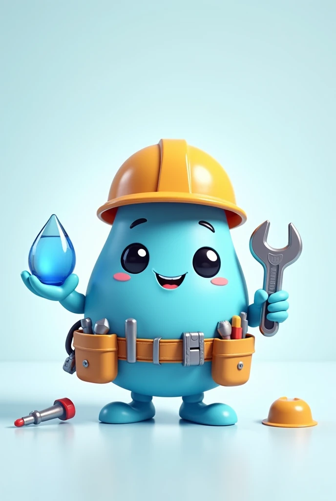 A cute water droplet is the main character and it holds a drop of treated water in one hand and other hand has a spanner.
Also it have a belt which holds several tools and a safety helmet.
The concept should indicate that the main character is a cute engineer.