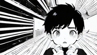 (((Black and white illustration with converging lines)))、(((Young boy with a surprised look))),