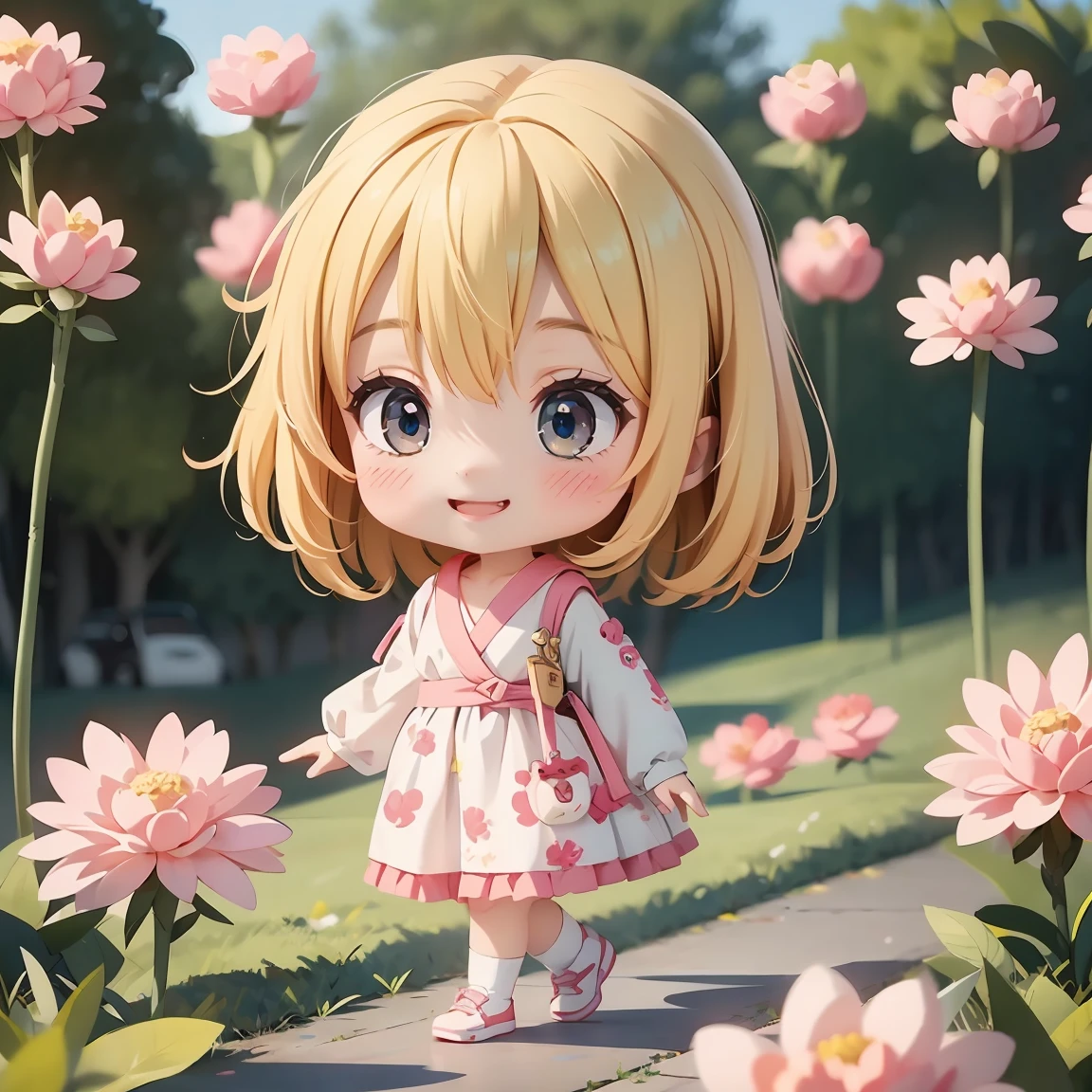 Super Chibi Character:1.8、Blonde Hair、Cute 7 year old girl、Super Chibi Character:1.8、Super Smile、smile、Walking with a dog
