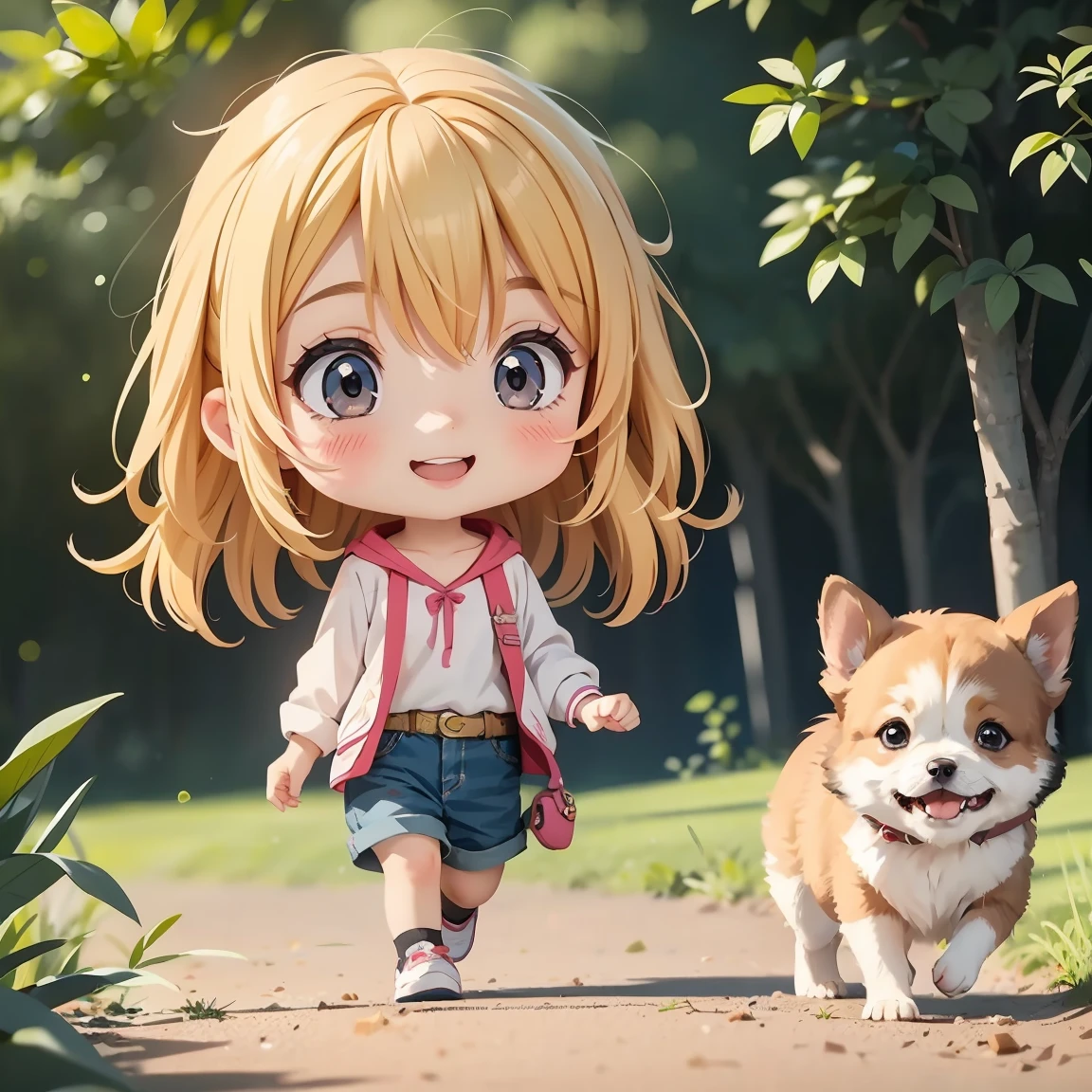 Super Chibi Character:1.8、Blonde Hair、Cute 7 year old girl、Super Chibi Character:1.8、Super Smile、smile、Walking with a dog