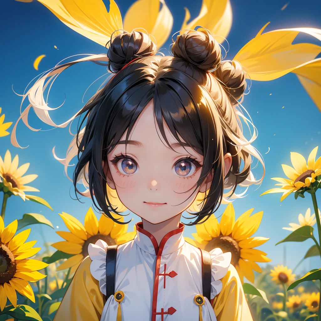 A chibi  girl had a small face and Wearing white little Taoist priest's outfit. A pair of big round eyes shone with curiosity about him. This childso cute, Strolling among the sunflower fields Glowing yellow.


her hair is black with two buns on her hair.small chibi, chibi baby, smil,Chibi.

