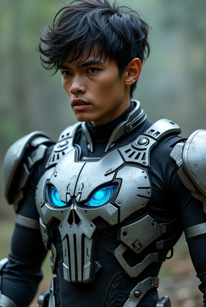 Boy malay Indonesia wear red white exoskeleton. Robot face on body. Led nipple blue. Black hair little white hair detail. . 19 year old boy. Wavy hair. Tan skin. High tech suit. Mirage armor . Taking anger robot face red. Emoji robot. Punisher. Mechanize robot face at chest. Talking angry robot on body. Robot look front.. robocop concept. Gi goe. Ultraman suit.