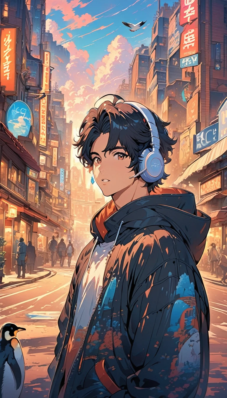 (extremely detailed CG unity 8k wallpaper), (best quality), (best illustration), (best shadow), realistic lighting, beautiful detailed reglow, masterpiece, best quality, lofi artstyle, lofi art, city, town, 80s anime style, Retro, Lo-Fi, Headphone, headphone ear, 1boy, bangs, bird, black hair, black hoodie, brown eyes, cowboy shot, drawstring, earrings, hair between eyes, head tilt, hood, hood down, hoodie, jacket, jewelry, long sleeves, looking at viewer, male focus, open mouth, penguin, short hair, simple background, sleeves past fingers, sleeves past wrists, solo, zipper