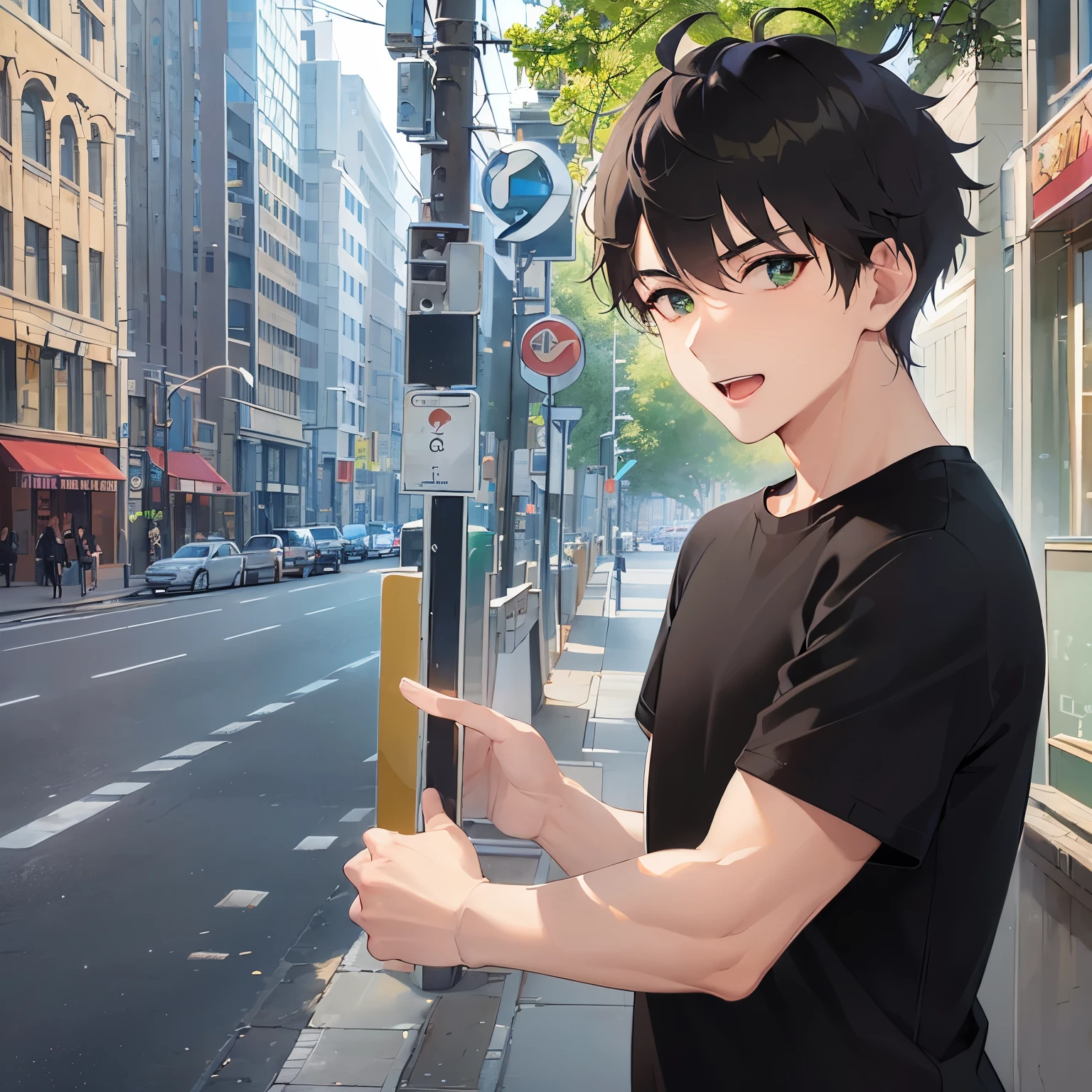 BREAK(25-year-old male:1.5) and (Brown short hair) and (Green Eyes)BREAK, (looking at viewer:1.5),upper body、
shiny skin, masterpiece、Highest quality、
(black shirt:1.5)
smile,open mouth,In town、(alone:1.5)