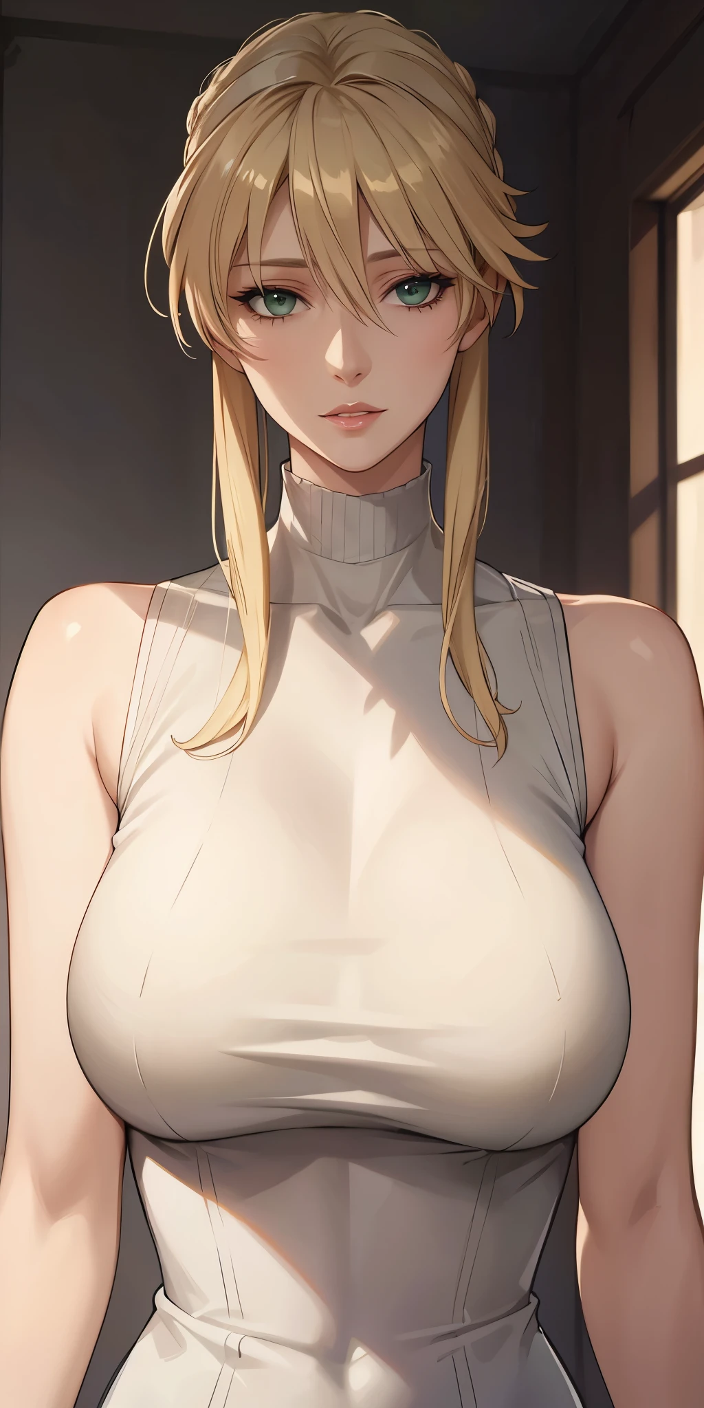 Elegant mature female, artoria pendragon, green eyes, blonde hair, soft light, 4k resolution, high quality, beautiful cg