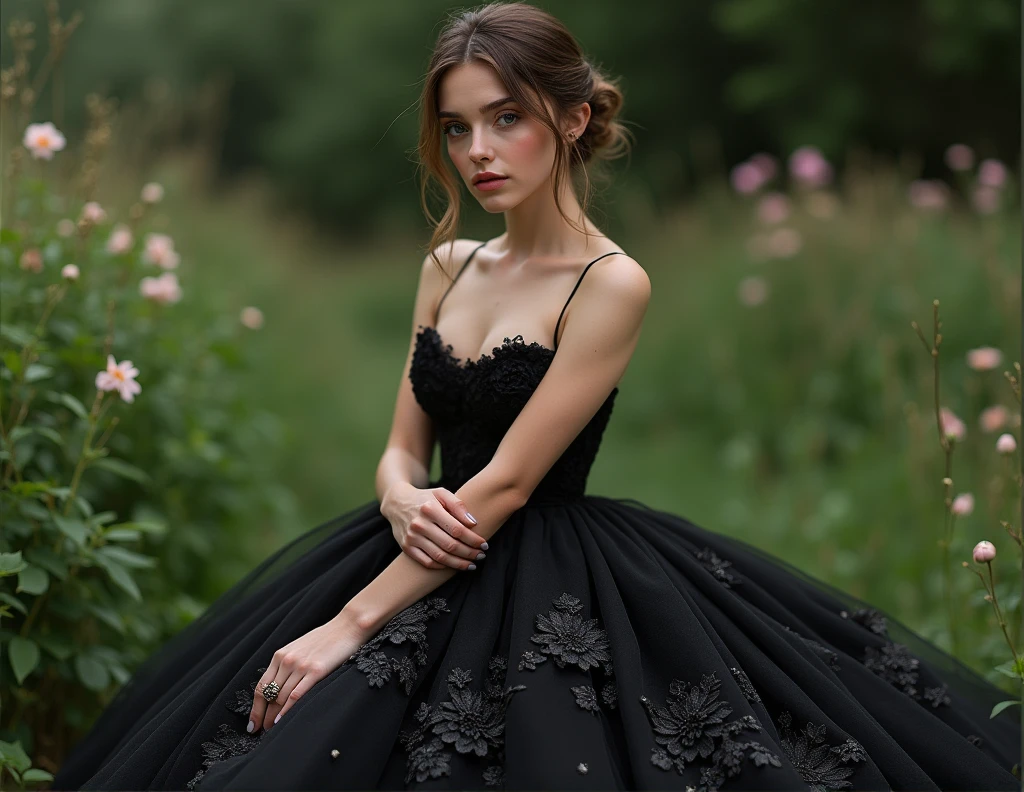 beautiful model in floral black dress realistic