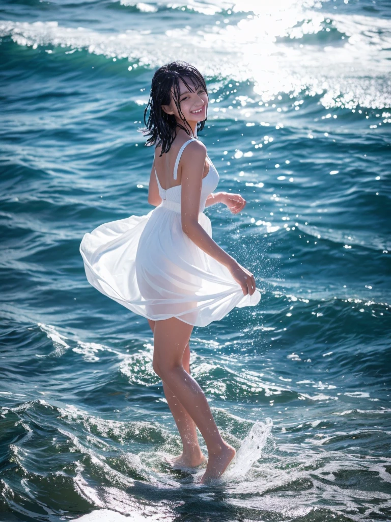 Ocean,9 talents,((White dress)),woman,Sunlight from above,(Boyish hairstyle),Turn around,(smile),Kicking the water at the shore,eye catching,Splattering splashes,Reflector from the opposite side of the sun,瞳にeye catching,(The silhouette of the body is visible),high resolution,High definition,Black Hair,((Wet and stuck skirt)),南国のOceanの色