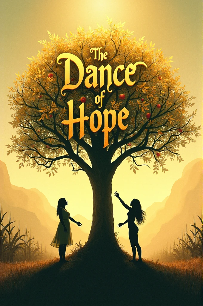 Could you please create an image of a tree made with the letters, DANCE OF HOPE MATLACHINES OF THE CORN VALLEY, And next to the tree two shadows of people wanting to pick its fruit