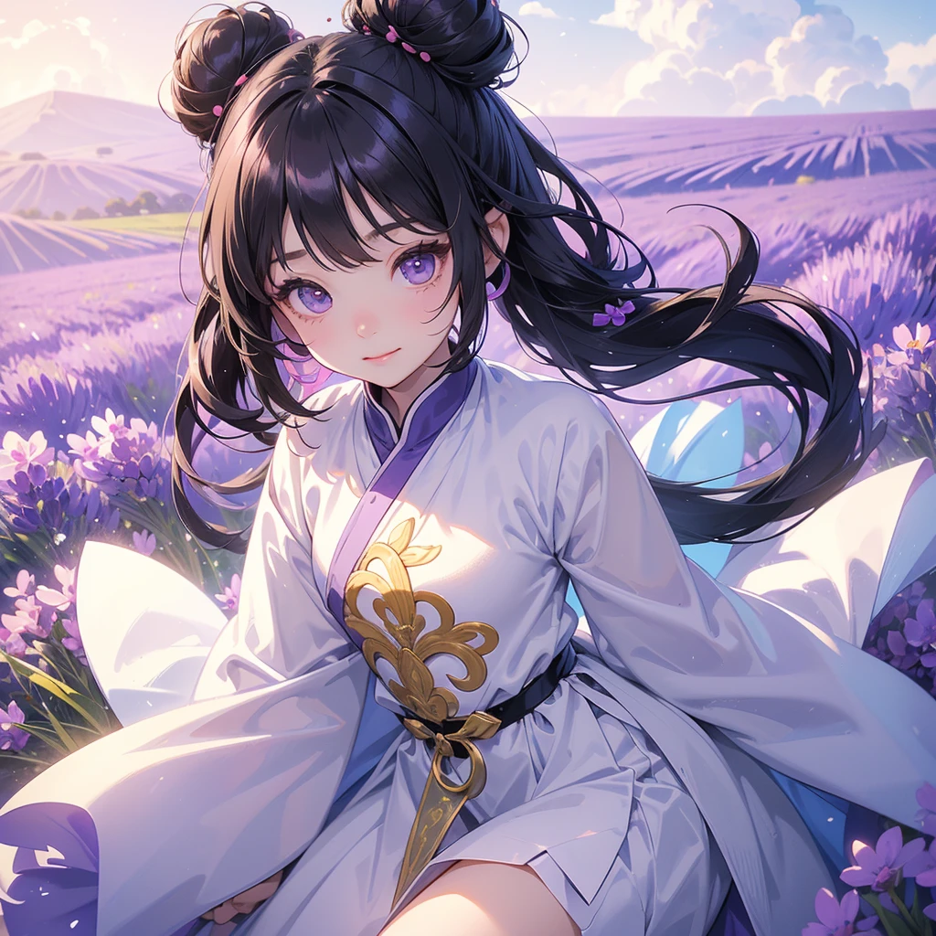 A chibi child girl had a small face and Wearing white little Taoist priest's outfit. A pair of big round eyes shone with curiosity about him. This child was so cute, Stroll among the purple lavender fields , There are some floating clouds.
her hair is black with two buns on her hair.small chibi, chibi baby, smiling ,Chibi.