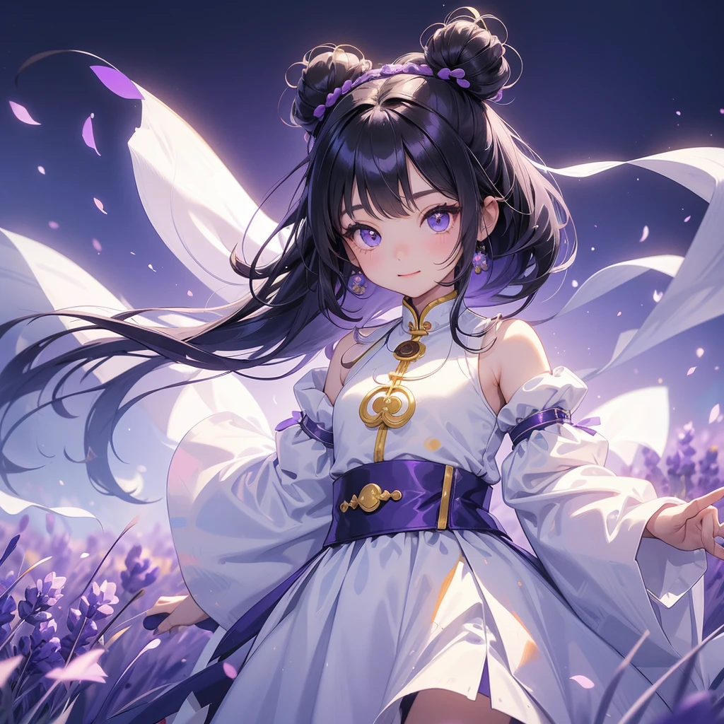 A chibi child girl had a small face and Wearing white little Taoist priest's outfit. A pair of big round eyes shone with curiosity about him. This child was so cute, Stroll among the purple lavender fields , There are some floating clouds.
her hair is black with two buns on her hair.small chibi, chibi baby, smiling ,Chibi.