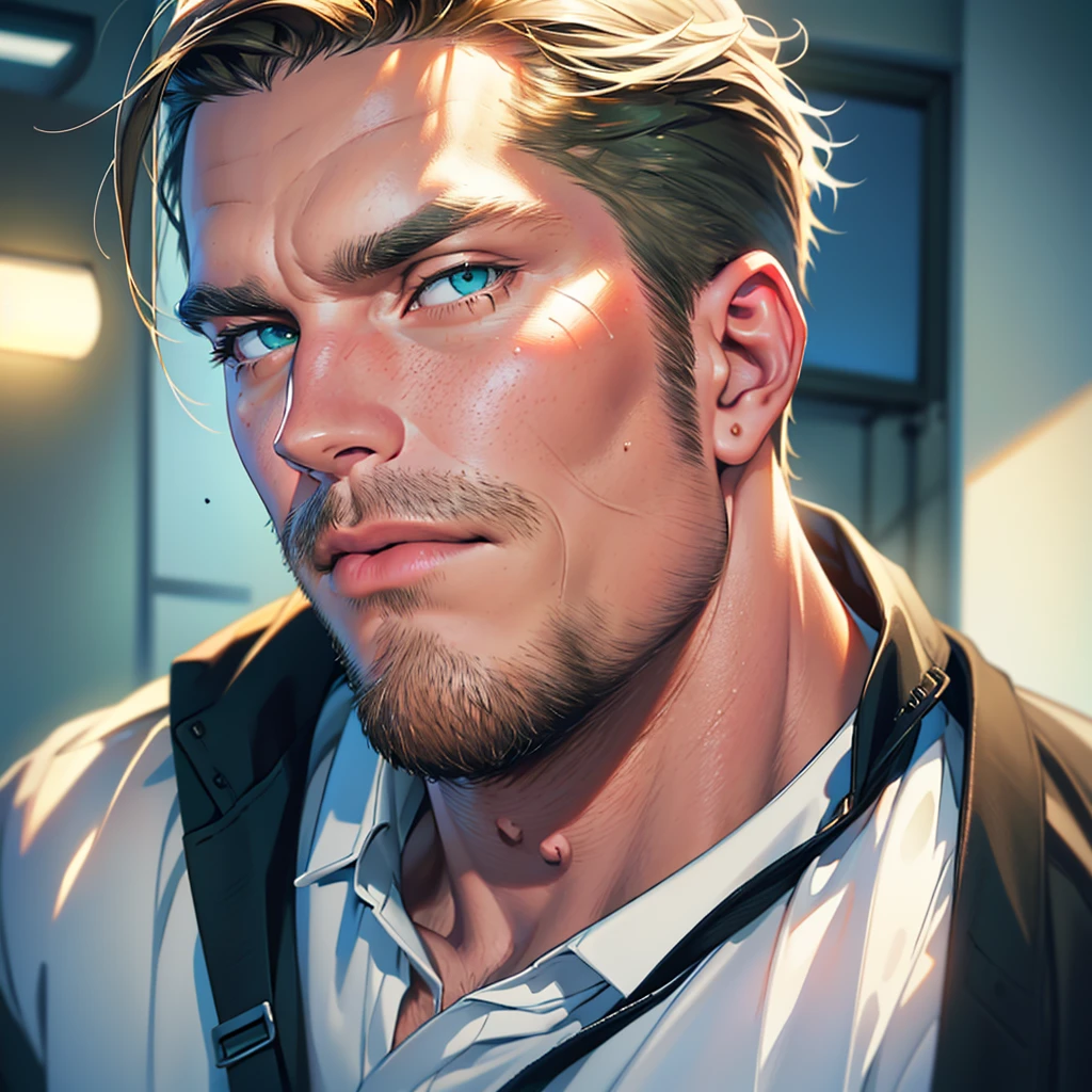 (Best Quality,32k,high resolution,Masterpiece:1.2),ultra detailed,(realist,photorealist,photo-realist:1.37),1 man Stephen Amell,45 years,mature man,very hund and handsome with well groomed facial hair,without expression,muscled body,short dark blond hair,Blue green  eyes,glare,perfect face without mistakes,imposing posture,businessman,office background,cinematic lighting,imagen HDR