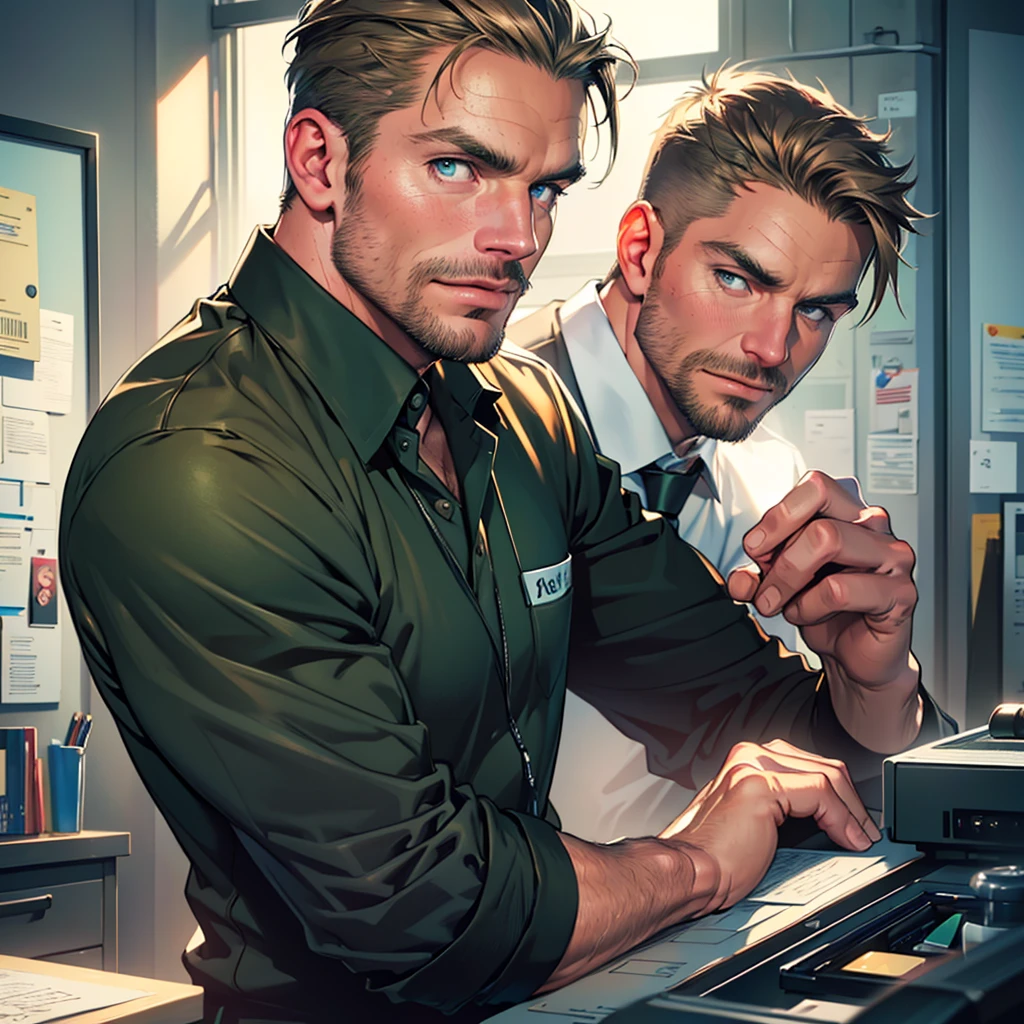 (Best Quality,32k,high resolution,Masterpiece:1.2),ultra detailed,(realist,photorealist,photo-realist:1.37),1 man Stephen Amell,45 years,mature man,very hund and handsome with well groomed facial hair,without expression,muscled body,short dark blond hair,Blue green  eyes,glare,perfect face without mistakes,imposing posture,businessman,office background,cinematic lighting,imagen HDR