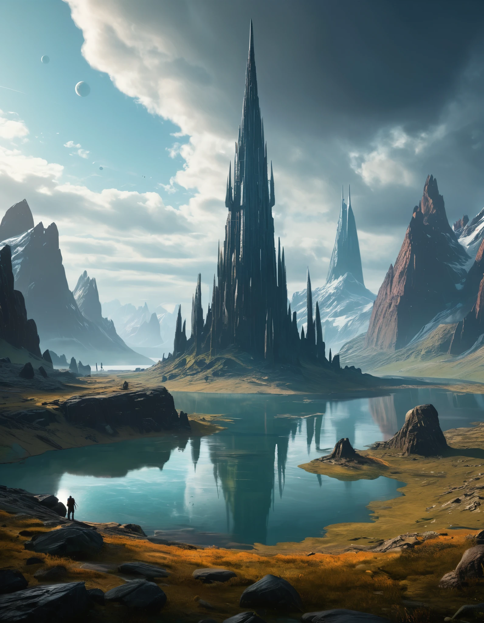 extremely detailed, landscape of an unknown planet, monolith, lake, cloudy weather, unreal engine 5, perfect composition, vibrant, rtx, hbao "In the middle of the Outlands, an impossibly tall needle of a mountain, the Spire, rises into the sky. Sigil floats above the apex of the Spire, barely visible from the ground, constructed on the inside of a massive stone torus. Attempts to ascend to the city by climbing or flight are futile, as are efforts to reach the top of the Spire"