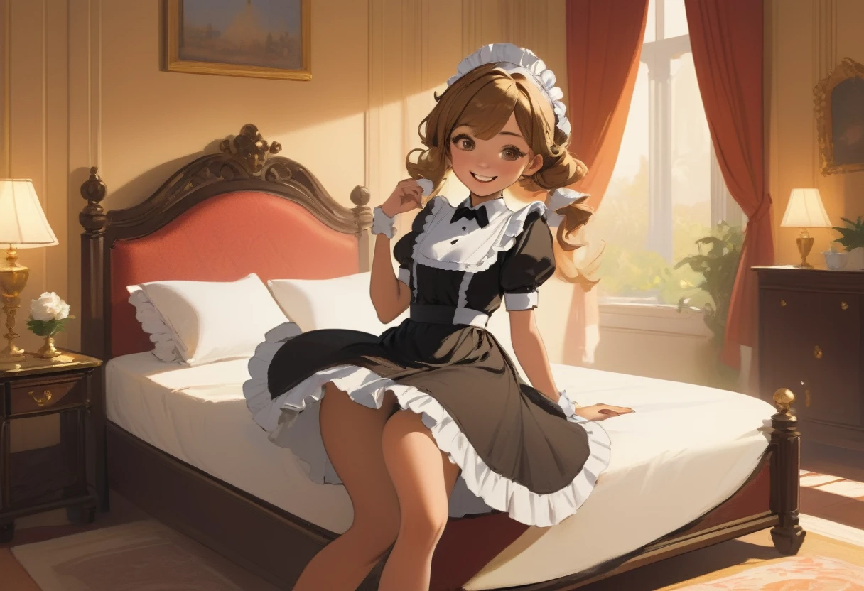 Illustration of a maid serving on a bed. The character is a girl in maid clothes. She spreads her legs and sees her panties. Her expression is kind and she is smiling. The background is a room in a luxurious Western-style mansion, where warm light shines in, and the overall atmosphere is elegant and relaxed.
