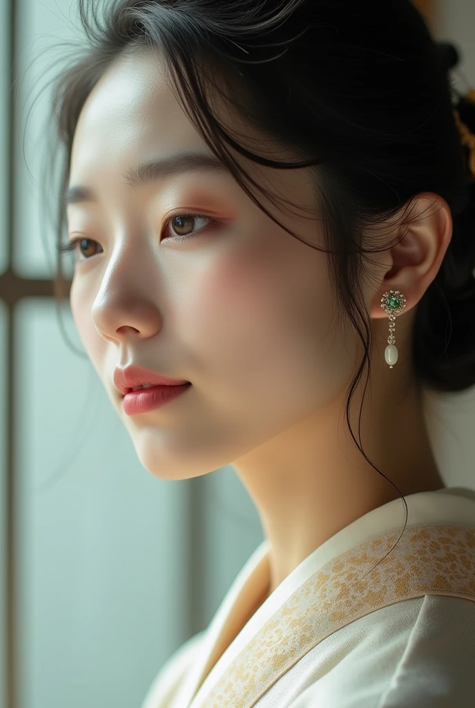 An elegantly dressed Japanese woman in natural light、A close-up of her chest and calm expression.、It shows her inner peace and outer charm.。Scene of Happiness