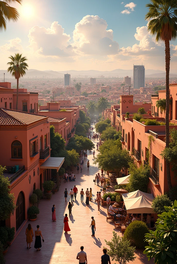 Vue panoramique de la ville de Marrakech avec des bâtiments modernes et traditionnels, des quartiers résidentiels animés, des maisons traditionnelles marocaines, des appartements modernes, des investisseurs visitant des propriétés, et des éléments culturels comme des jardins et des souks. Ciel ensoleillé et ambiance dynamique.