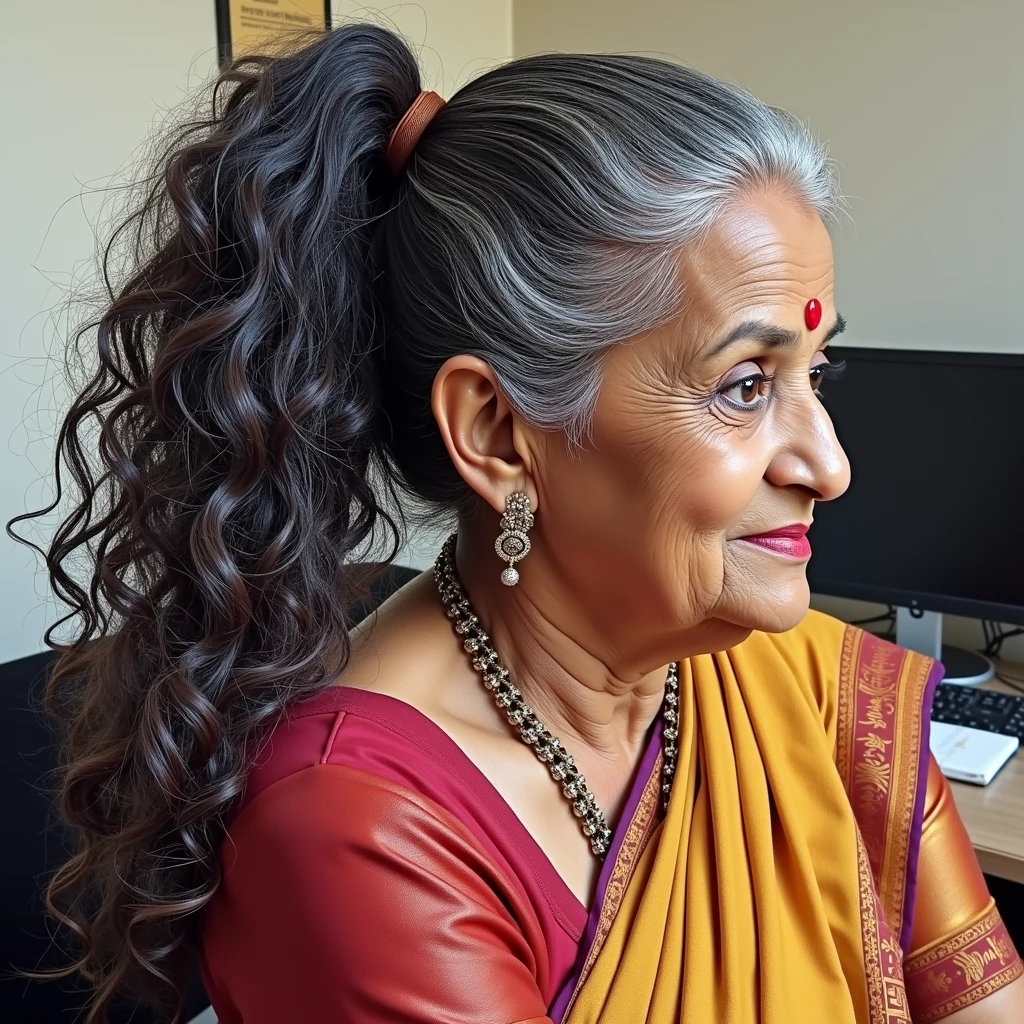 (full body),in indian office,well build,65 years old indian lady in sarees,ear combed slick scalp weaviness shows 3c curly hair,like bob hair color noodles,made in to single ponytail,ponytail stating bushy after band,Flooded with 100 liters of oil over thier hair,hairs like oil pulp,hairlines are all together till the end,showcasing the clean lines,clean scalp,wetness made her hair more coily like spring noodles